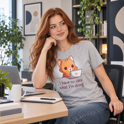 Women's Premium T-Shirt_TeeTurtle light gray I Have No Idea What I'm Doing (Cat) Women's Premium T-Shirt featuring a cheerful orange tabby cat sitting behind a laptop with one paw raised and the text "I have no idea what I'm doing."