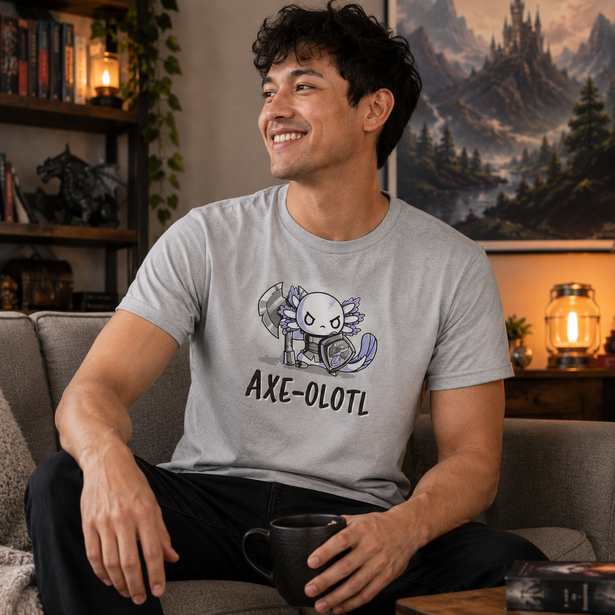 Premium Cotton T-shirt_TeeTurtle silver gray Axe-olotl Warrior featuring a fantasy warrior axolotl.