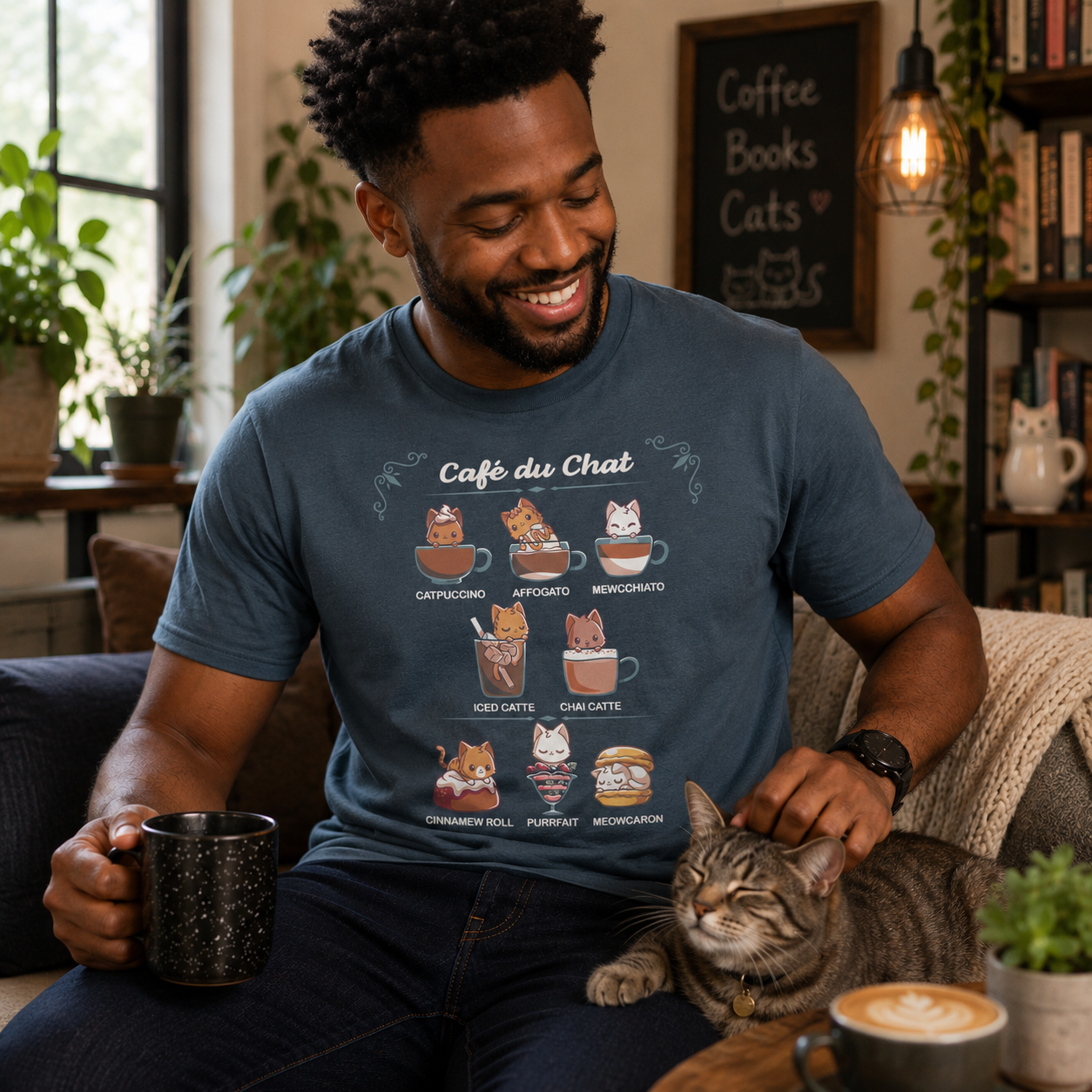 Premium Cotton T-shirt_TeeTurtle Cafè Du Chat denim blue t-shirt featuring a menu titled "Café du Chat" featuring cats in different beverages and desserts: Catpuccino, Affogato, Mewcchiato, Iced Catte, Chai Catte, Cinnamew Roll, Purrfait, and Meowcaron.