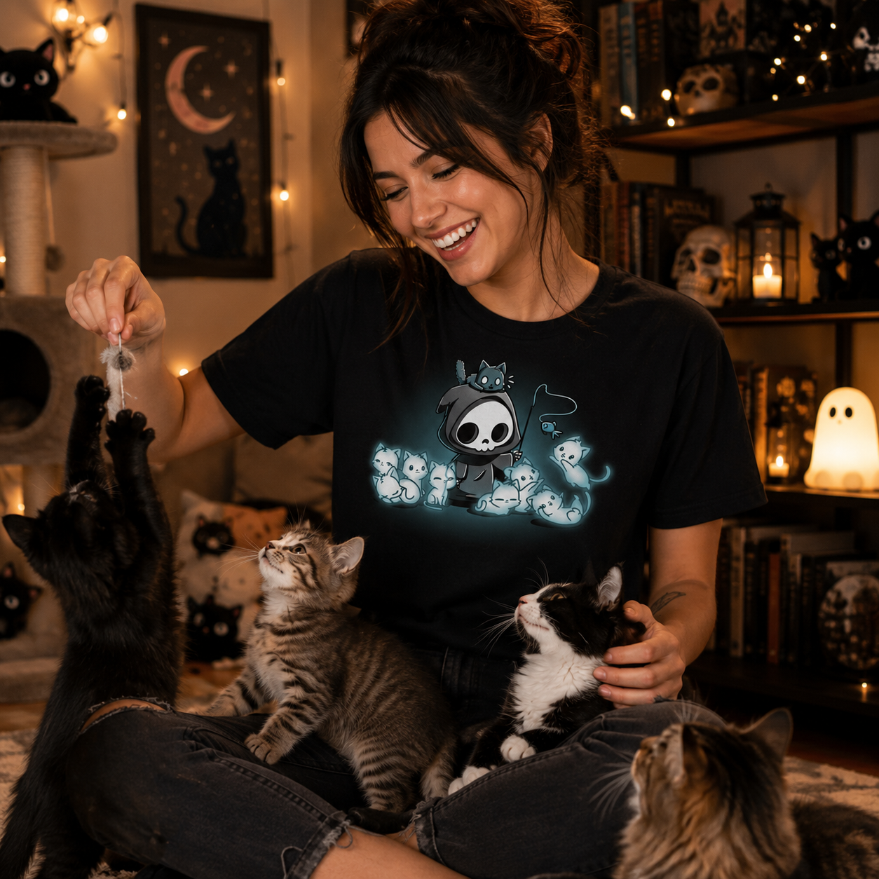 Premium Cotton T-shirt_TeeTurtle Grim and Kitties black t-shirt featuring a hooded skeleton figure, resembling a spooky Grim Reaper, standing surrounded by glowing ghostly cats. One cat is perched on its head while it playfully dangles a toy fish in front of the others.