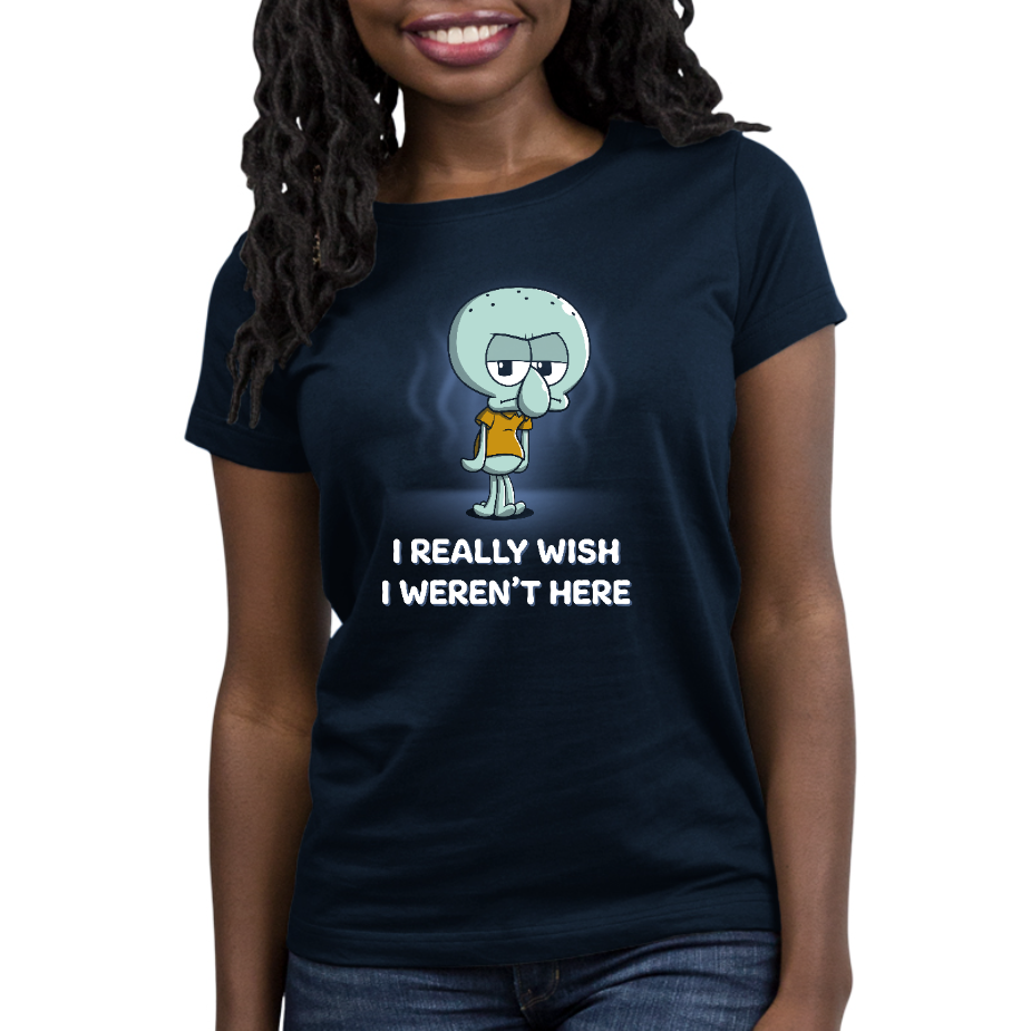 Premium Cotton T-shirt_TeeTurtle navy blue I Really Wish I Weren't Here apparel featuring Squidward Tentacles from SpongeBob SquarePants with a grumpy expression, and wavy lines in the background, with the caption, "I Really Wish I Weren't Here".