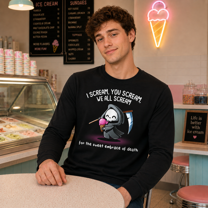 Long Sleeve T-shirt_TeeTurtle black I Scream, You Scream Long Sleeve T-shirt featuring a cute grim reaper holding a pink ice cream cone beside a scythe with the text "I Scream, You Scream, We All Scream" and "for the sweet embrace of death."