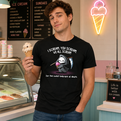 Men's Premium T-shirt_TeeTurtle black I Scream, You Scream Men's Premium T-shirt featuring a cute grim reaper holding a pink ice cream cone beside a scythe with the text "I Scream, You Scream, We All Scream" and "for the sweet embrace of death."