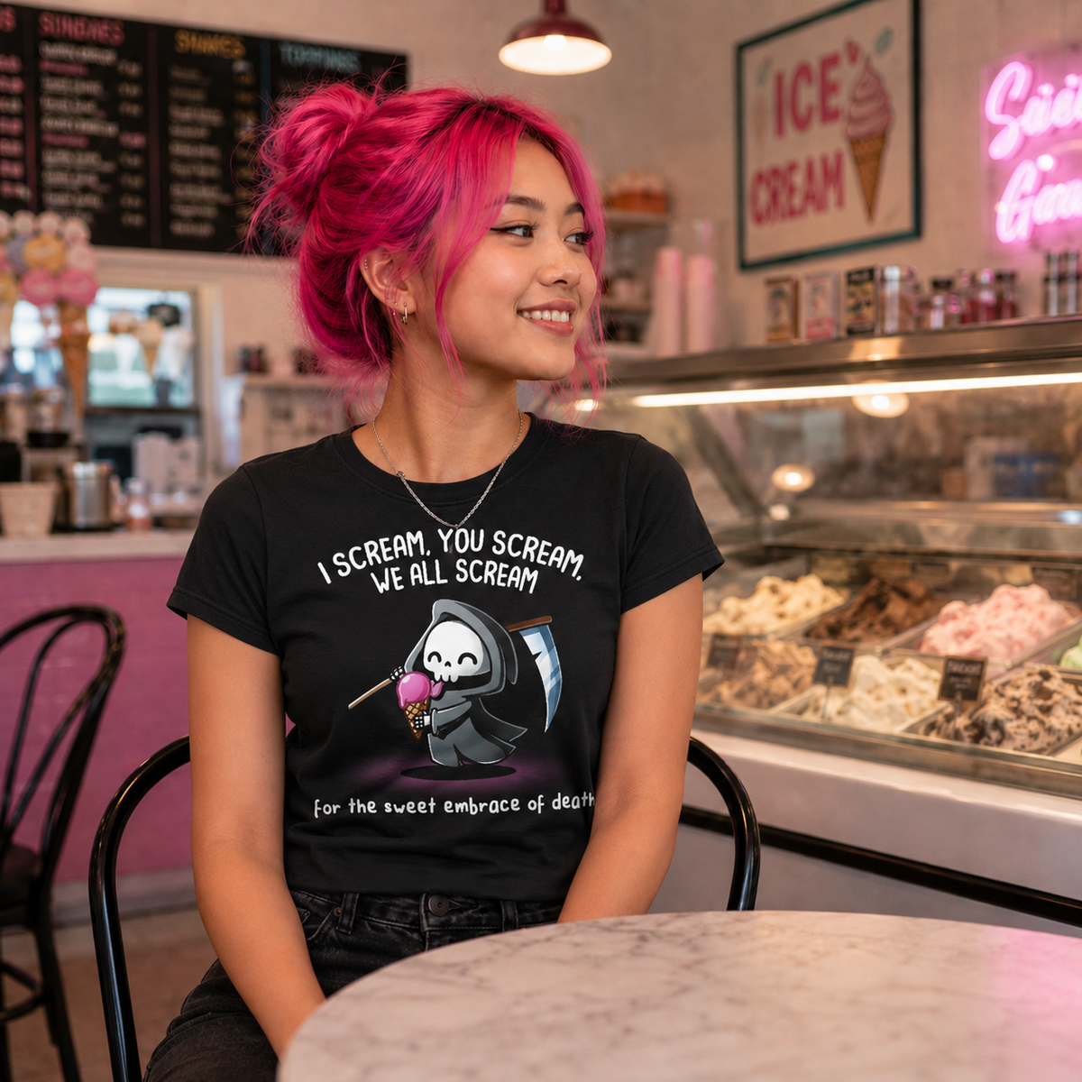 Women's Premium T-shirt_TeeTurtle black I Scream, You Scream Women's Premium T-shirt featuring a cute grim reaper holding a pink ice cream cone beside a scythe with the text "I Scream, You Scream, We All Scream" and "for the sweet embrace of death."