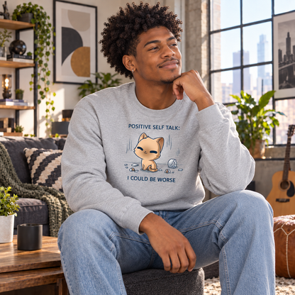 Crew Neck Sweatshirt_TeeTurtle light gray I Could Be Worse Crew Neck Sweatshirt featuring a content orange cat sitting beside a shattered vase with the text "Positive Self Talk: I Could Be Worse."