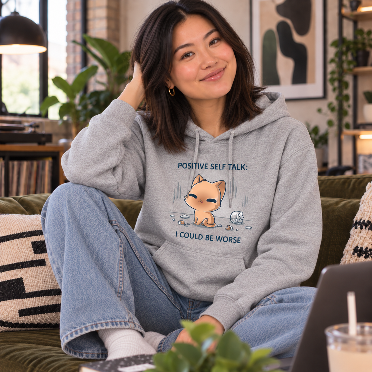 Pullover Hoodie_TeeTurtle light gray I Could Be Worse Pullover Hoodie featuring a content orange cat sitting beside a shattered vase with the text "Positive Self Talk: I Could Be Worse."