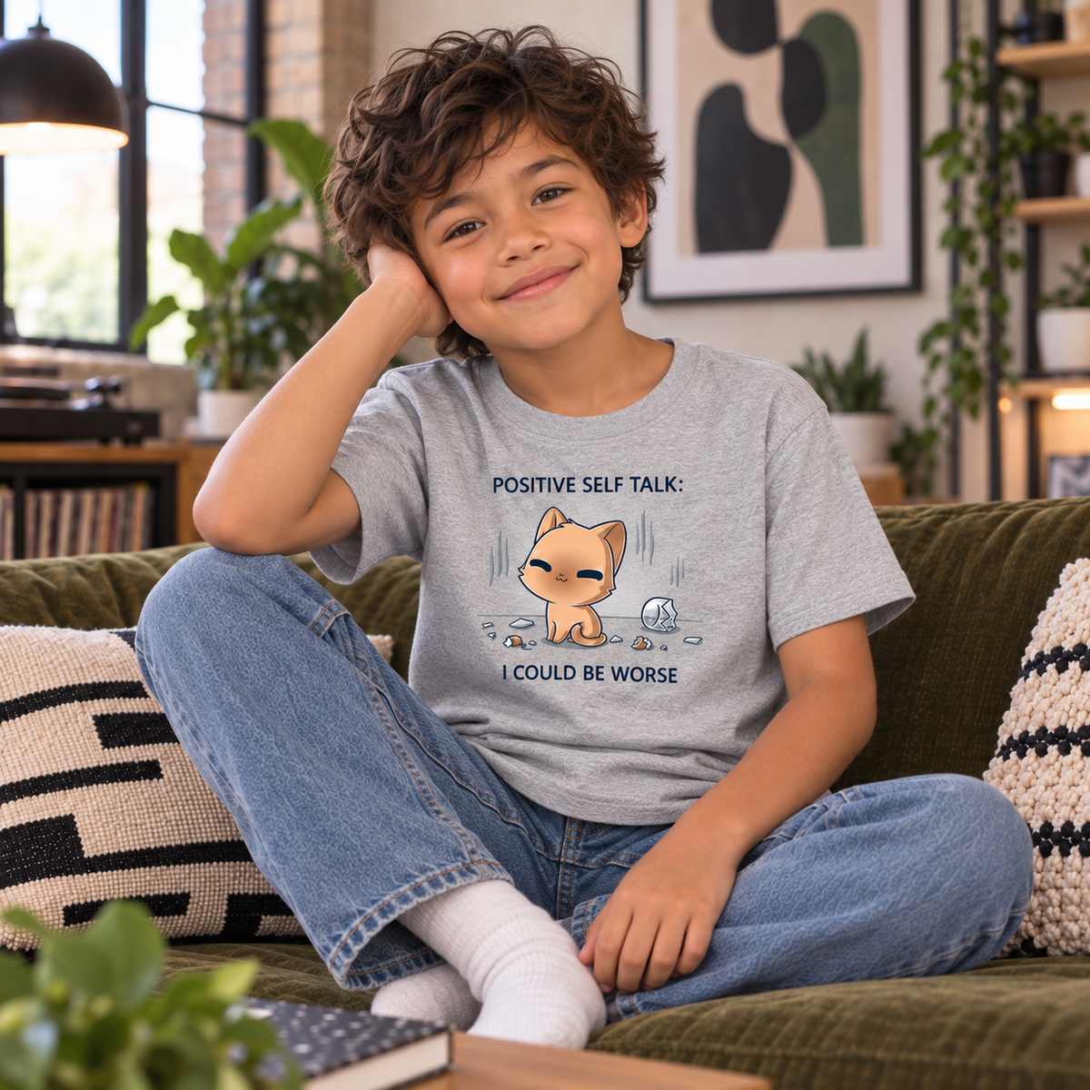 Kids' Classic T-Shirt_TeeTurtle light gray I Could Be Worse Kids' Classic T-Shirt featuring a content orange cat sitting beside a shattered vase with the text "Positive Self Talk: I Could Be Worse."