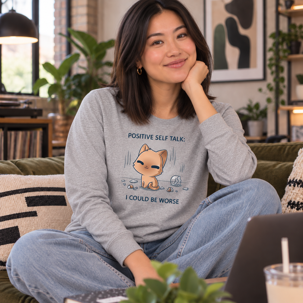 Long Sleeve T-shirt_TeeTurtle light gray I Could Be Worse Long Sleeve T-shirt featuring a content orange cat sitting beside a shattered vase with the text "Positive Self Talk: I Could Be Worse."