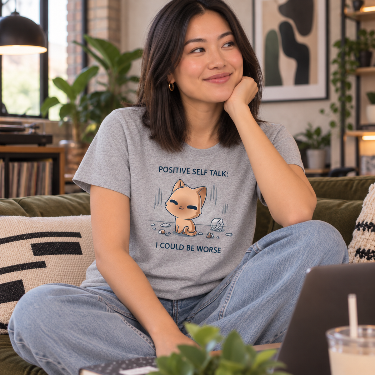 Women's Premium T-Shirt_TeeTurtle light gray I Could Be Worse Women's Premium T-Shirt featuring a content orange cat sitting beside a shattered vase with the text "Positive Self Talk: I Could Be Worse."