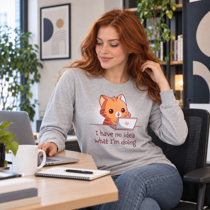 Long Sleeve T-shirt_TeeTurtle light gray I Have No Idea What I'm Doing (Cat) Long Sleeve T-shirt featuring a cheerful orange tabby cat sitting behind a laptop with one paw raised and the text "I have no idea what I'm doing."
