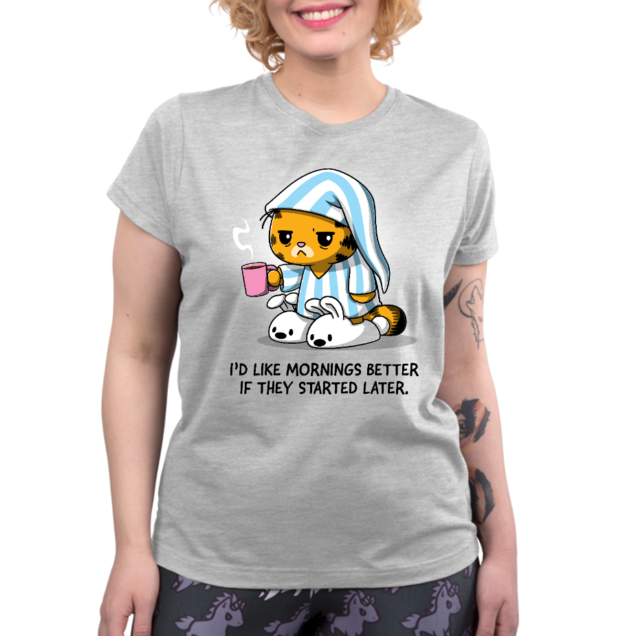 Premium Cotton T-shirt_TeeTurtle silver gray I'd Like Mornings Better If They Started Later apparel featuring a grumpy, tired Garfield wearing pajamas and holding a cup of coffee with the caption, "I'd Like Mornings Better If They Started Later".