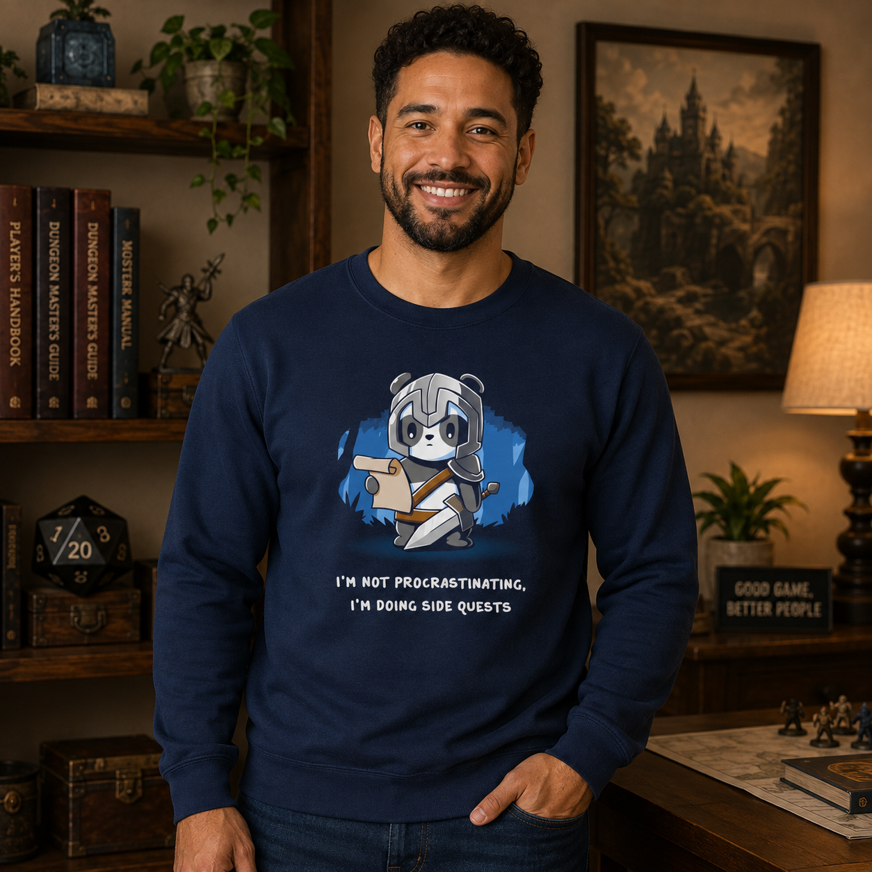 Crew Neck Sweatshirt_TeeTurtle navy blue I'm Doing Side Quests. Featuring a warrior panda holding a scroll saying, "I'm not procrastinating, I'm doing side quests.".