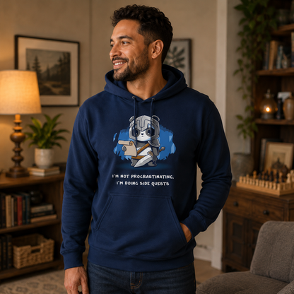 Pullover Hoodie_TeeTurtle navy blue I'm Doing Side Quests. Featuring a warrior panda holding a scroll saying, "I'm not procrastinating, I'm doing side quests.".
