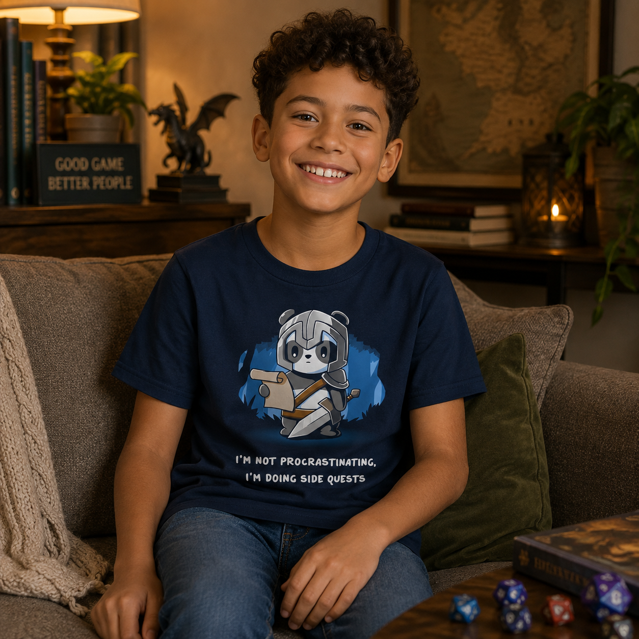 Premium Cotton T-shirt_TeeTurtle navy blue I'm Doing Side Quests. Featuring a warrior panda holding a scroll saying, "I'm not procrastinating, I'm doing side quests.".
