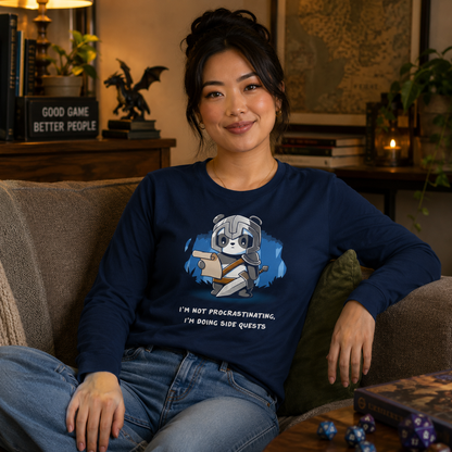 Long Sleeve T-shirt_TeeTurtle navy blue I'm Doing Side Quests. Featuring a warrior panda holding a scroll saying, "I'm not procrastinating, I'm doing side quests.".