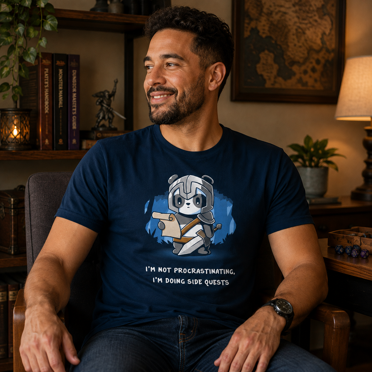 Premium Cotton T-shirt_TeeTurtle navy blue I'm Doing Side Quests. Featuring a warrior panda holding a scroll saying, "I'm not procrastinating, I'm doing side quests.".