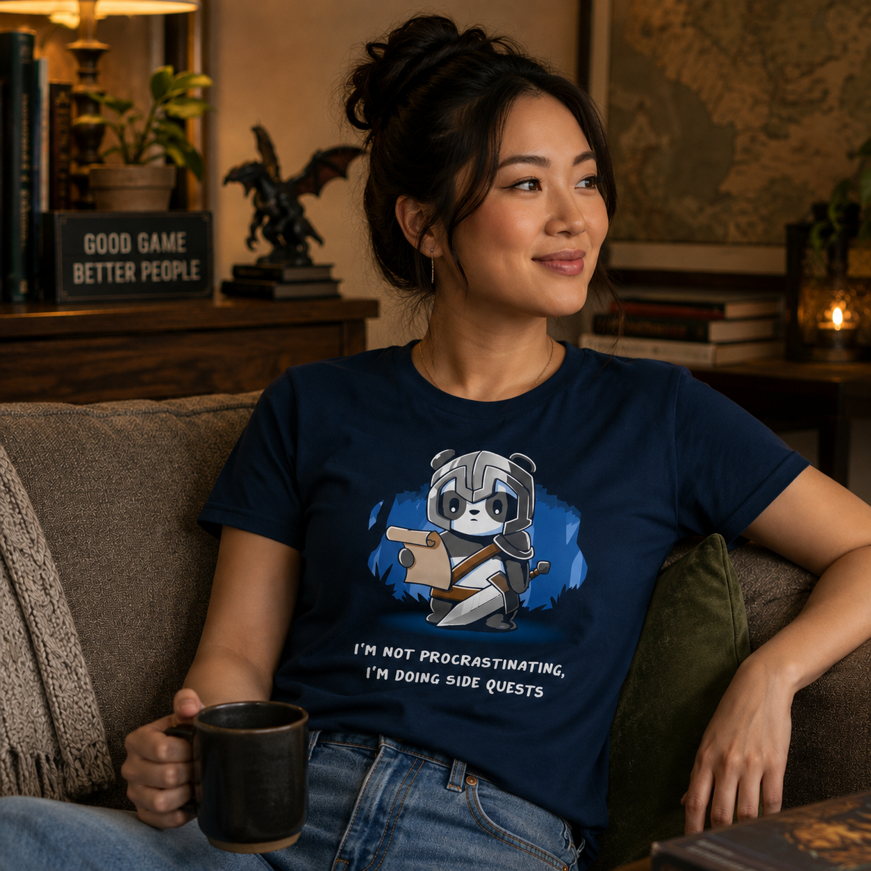 Premium Cotton T-shirt_TeeTurtle navy blue I'm Doing Side Quests. Featuring a warrior panda holding a scroll saying, "I'm not procrastinating, I'm doing side quests.".