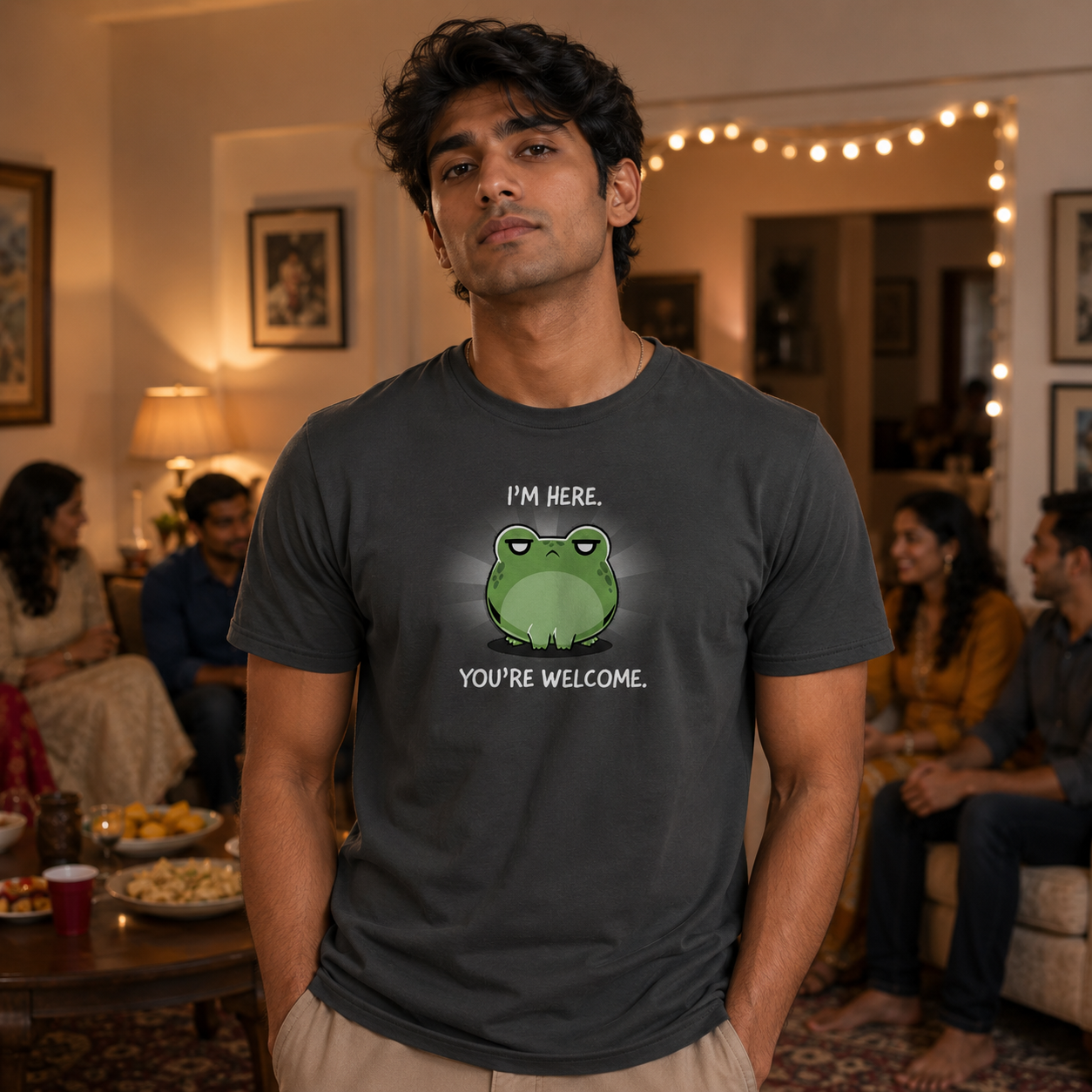 Premium Cotton T-shirt_TeeTurtle charcoal gray I'm Here. You're Welcome. apparel featuring a frog with an annoyed expression. Caption says, "I'm here. You're welcome".