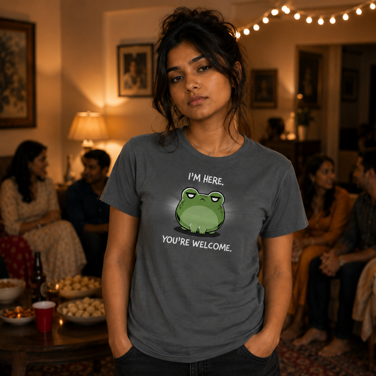 Women's Premium T-Shirt_TeeTurtle charcoal I'm Here. You're Welcome. Women's Premium T-Shirt featuring an unimpressed green frog with the text "I'm Here. You're Welcome."