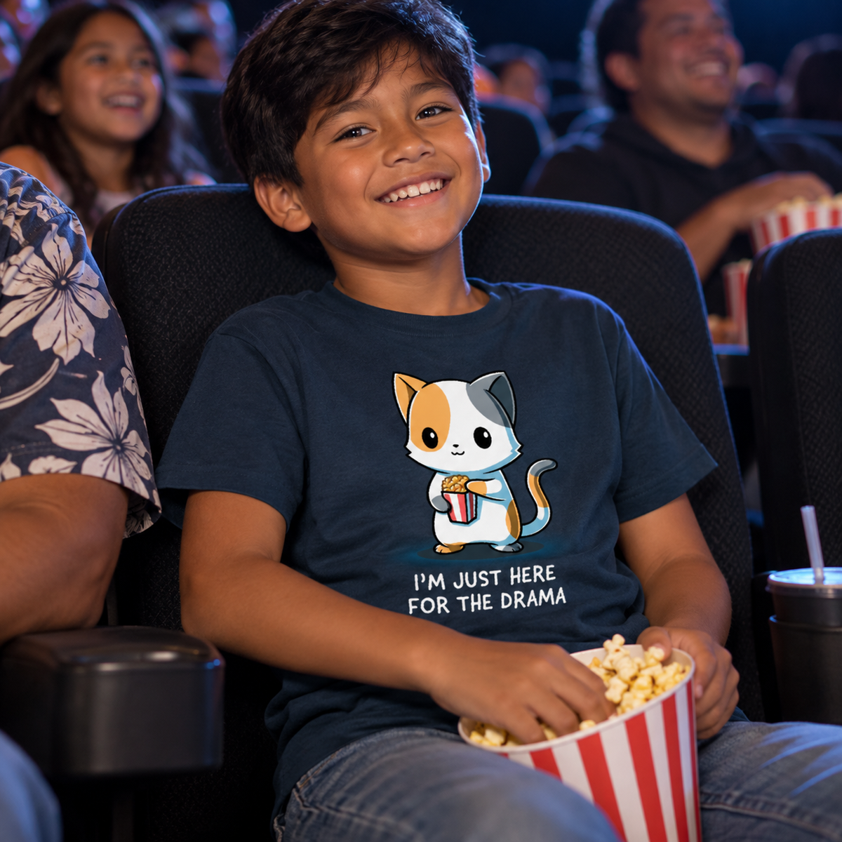 Kids' Classic T-Shirt_TeeTurtle dark teal I'm Just Here For The Drama Kids' Classic T-Shirt featuring a curious calico cat holding a tub of popcorn with the text "I'm Just Here For The Drama."