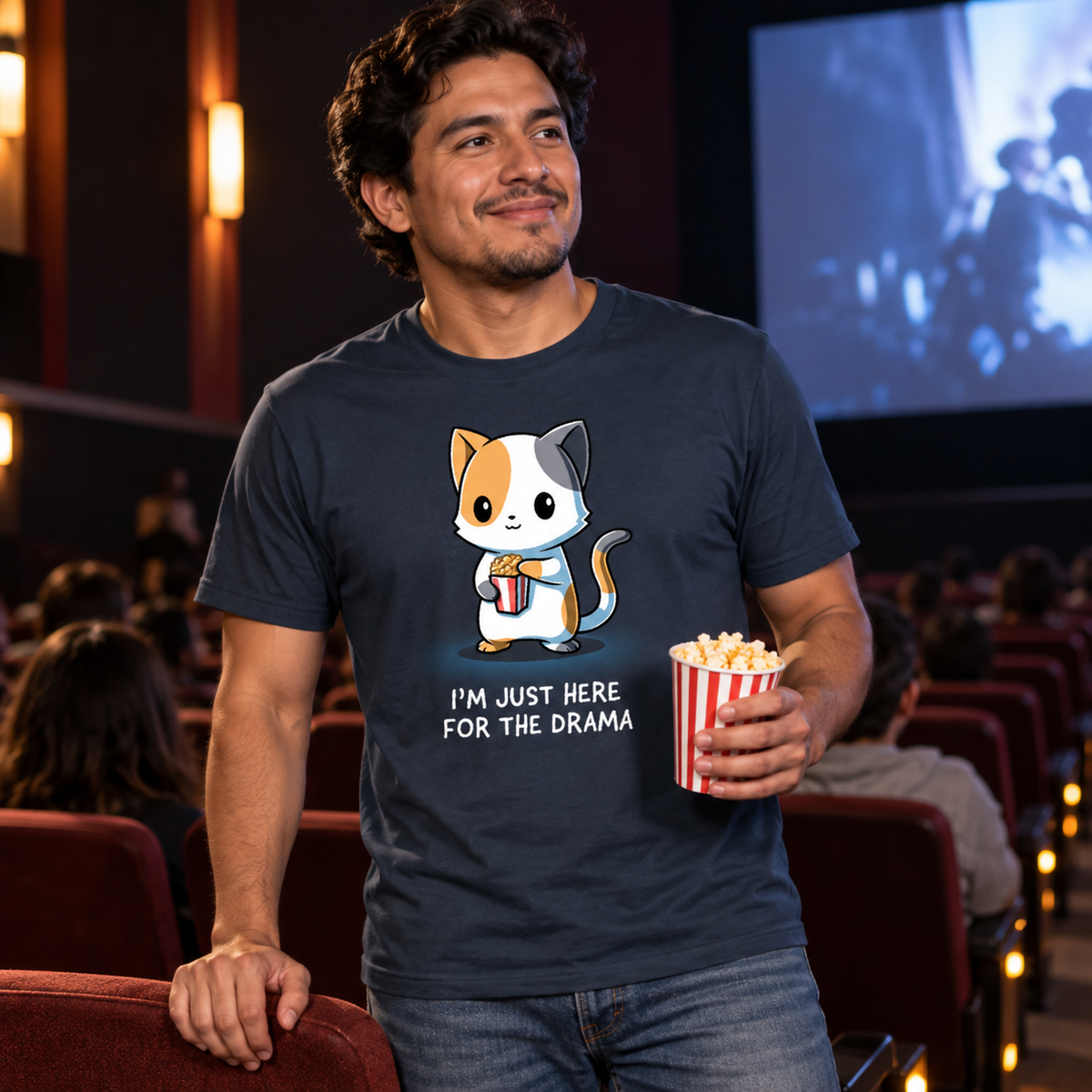 Men's Premium T-Shirt_TeeTurtle dark teal I'm Just Here For The Drama Men's Premium T-Shirt featuring a curious calico cat holding a tub of popcorn with the text "I'm Just Here For The Drama."