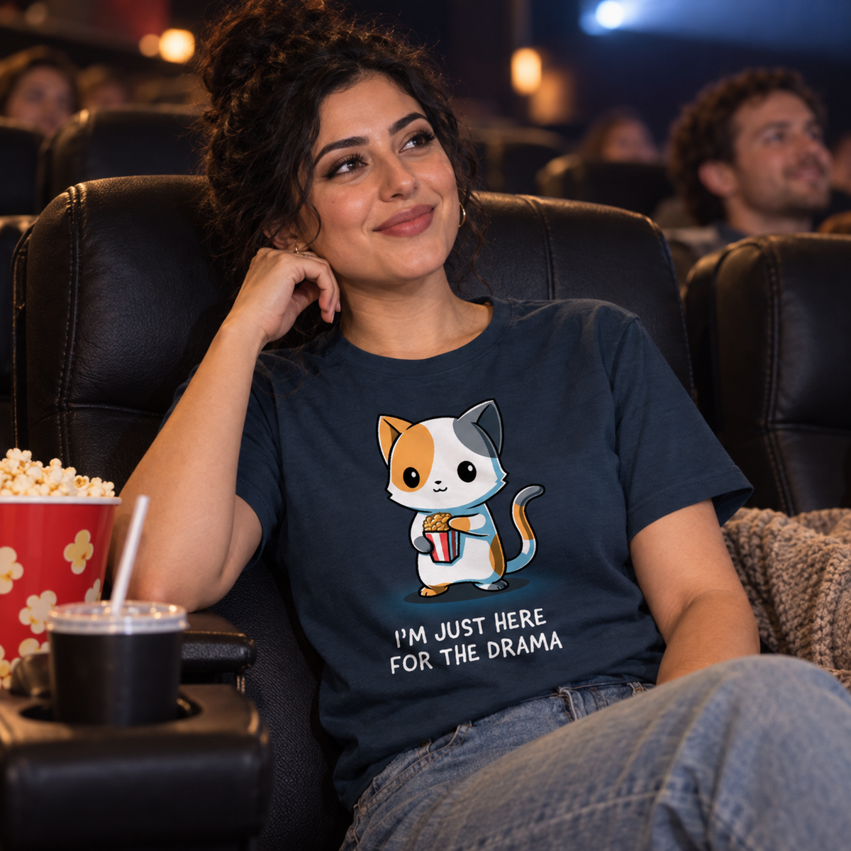 Women's Premium T-Shirt_TeeTurtle dark teal I'm Just Here For The Drama Women's Premium T-Shirt featuring a curious calico cat holding a tub of popcorn with the text "I'm Just Here For The Drama."