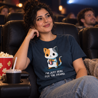 Women's Premium T-Shirt_TeeTurtle dark teal I'm Just Here For The Drama Women's Premium T-Shirt featuring a curious calico cat holding a tub of popcorn with the text "I'm Just Here For The Drama."