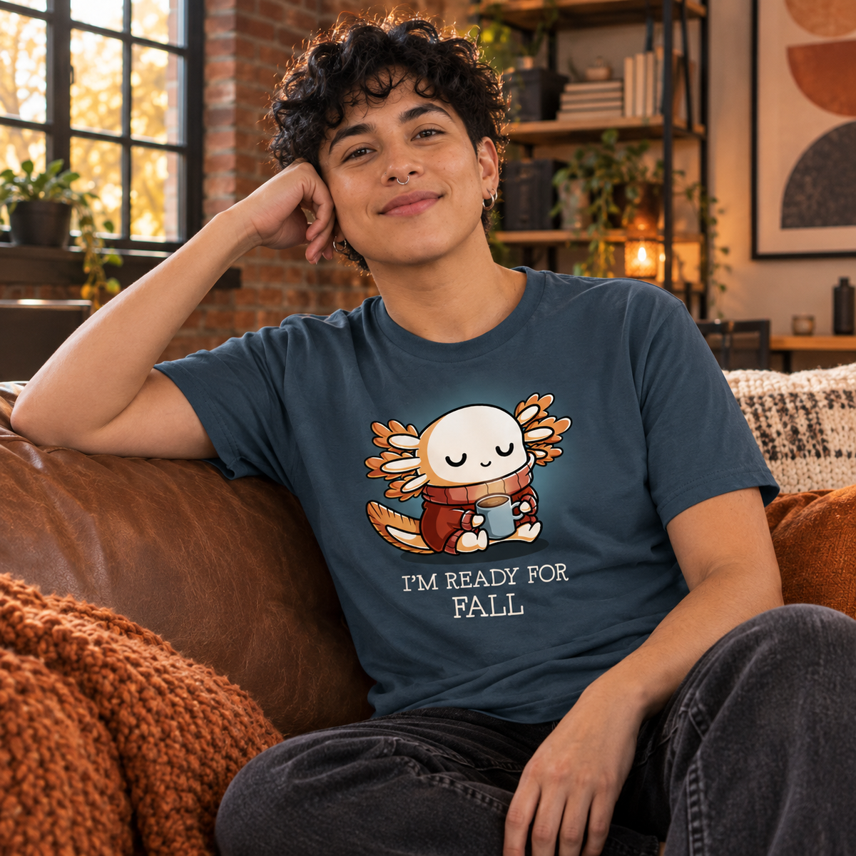Men's Premium T-Shirt_TeeTurtle dark teal I'm Ready For Fall Men's Premium T-Shirt featuring a cute axolotl bundled in a red sweater and scarf while holding a warm mug with the text "I'm Ready For Fall."Fall."