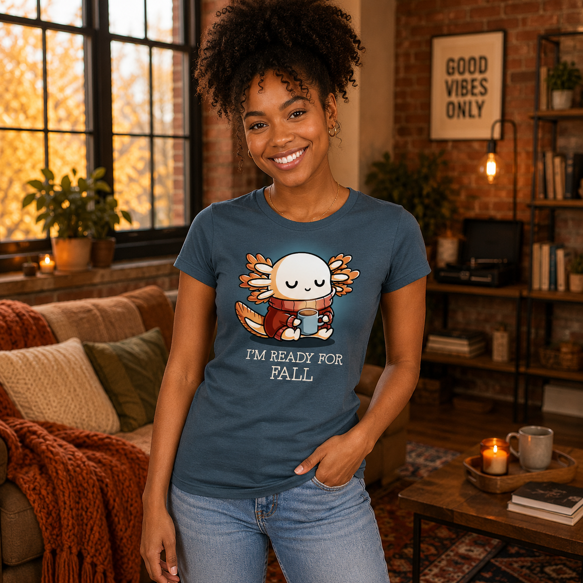Women's Premium T-Shirt_TeeTurtle dark teal I'm Ready For Fall Women's Premium T-Shirt featuring a cute axolotl bundled in a red sweater and scarf while holding a warm mug with the text "I'm Ready For Fall."
