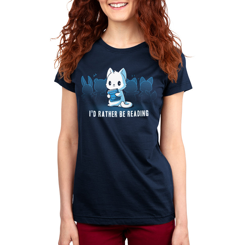 A woman wearing a TeeTurtle "I'd Rather be Reading" navy blue t-shirt.