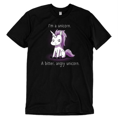 I'm a Bitter, Angry Unicorn t-shirt by monsterdigital features a Black Super Soft Ringspun Cotton T-shirt with a graphic of an annoyed unicorn and text that reads, "I'm a unicorn. A bitter, angry unicorn." Available as both a Unisex and Women's Tee.