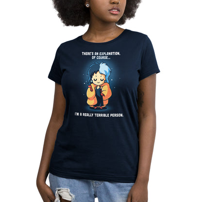 A woman wearing a Disney's "I'm a Really Terrible Person" t-shirt.