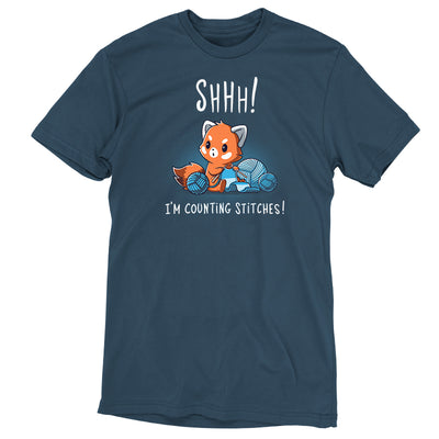 Premium Cotton T-shirt_Teeturtle denim blue Shhh! I'm Counting Stitches! apparel featuring a red panda knitting with blue yarn. Text reads, "Shhh! I'm Counting Stitches!" 