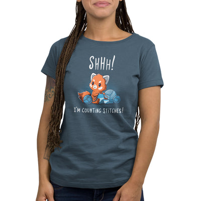 Premium Cotton T-shirt_Teeturtle denim blue Shhh! I'm Counting Stitches! apparel featuring a red panda knitting with blue yarn. Text reads, "Shhh! I'm Counting Stitches!" 