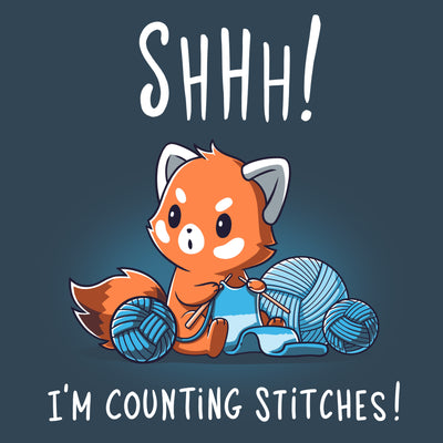 Premium Cotton T-shirt_Teeturtle denim blue Shhh! I'm Counting Stitches! apparel featuring a red panda knitting with blue yarn. Text reads, "Shhh! I'm Counting Stitches!" 