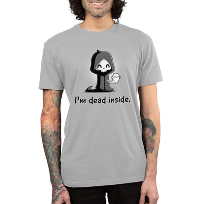 A person wearing a super soft cotton tee featuring a cartoon grim reaper and ghost with the text, "I'm Dead Inside" by monsterdigital.