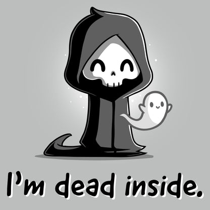 A cartoon grim reaper, smiling, with a ghost on its right, graces the front of this super soft cotton monsterdigital "I'm Dead Inside" t-shirt.