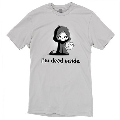 Gray T-shirt featuring a cartoon grim reaper with a small ghost and the text "I'm dead inside." This ultra-comfy silver **I'm Dead Inside** t-shirt by **monsterdigital** is crafted from super soft cotton, making it perfect for those who appreciate a touch of humor in their wardrobe.