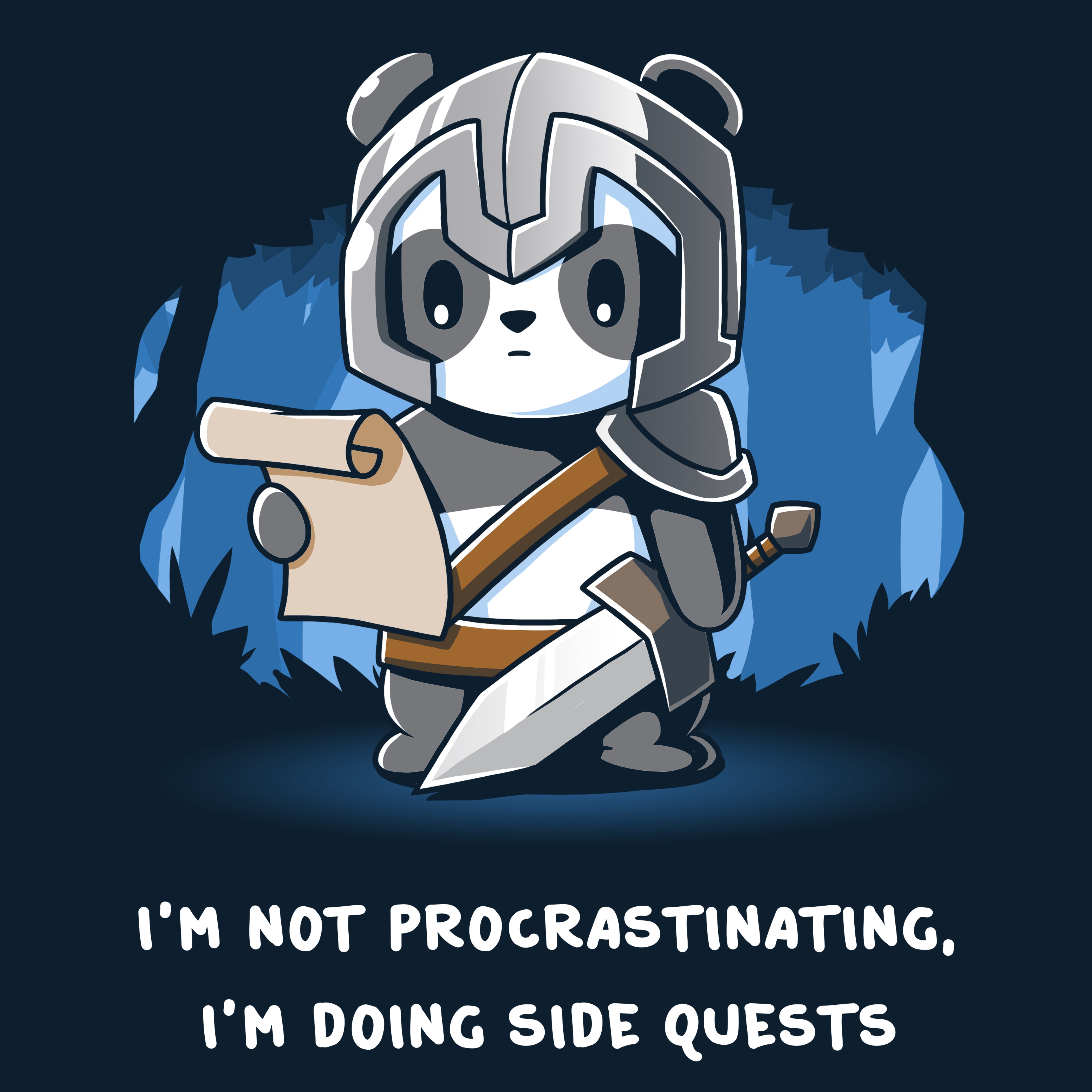 Premium Cotton T-shirt_TeeTurtle navy blue I'm Doing Side Quests. Featuring a warrior panda holding a scroll saying, 