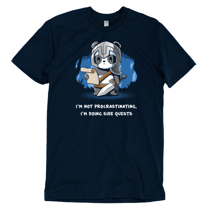 A Navy Blue "I'm Doing Side Quests" t-shirt featuring a cartoon character holding a book by TeeTurtle.