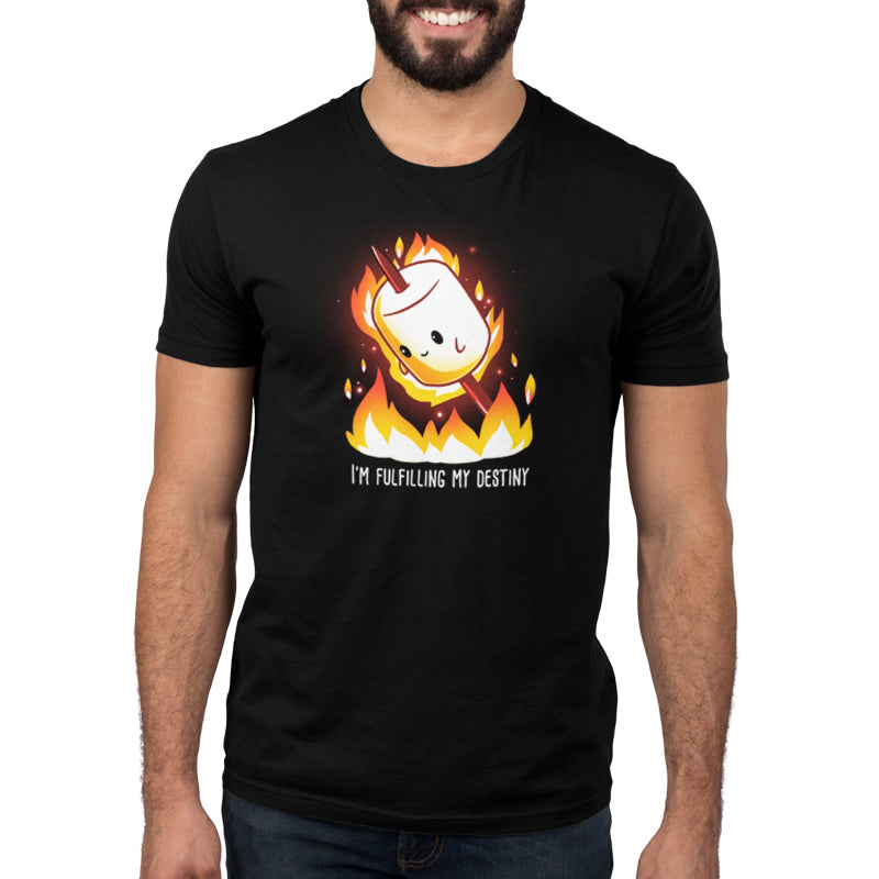 A man fulfilling his destiny in an "I'm Fulfilling My Destiny" TeeTurtle t-shirt with an image of a marshmallow on fire.