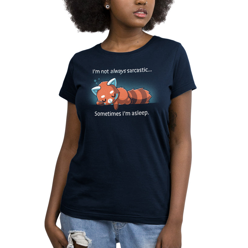 A sarcastic woman wearing a navy blue t-shirt by TeeTurtle that says "I'm Not Always Sarcastic".
