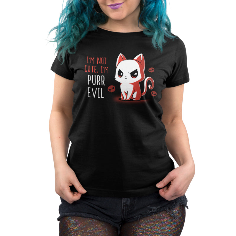 A woman wearing a black t-shirt with the kitty sass of "I'm Not Cute, I'm Purr Evil" by TeeTurtle.