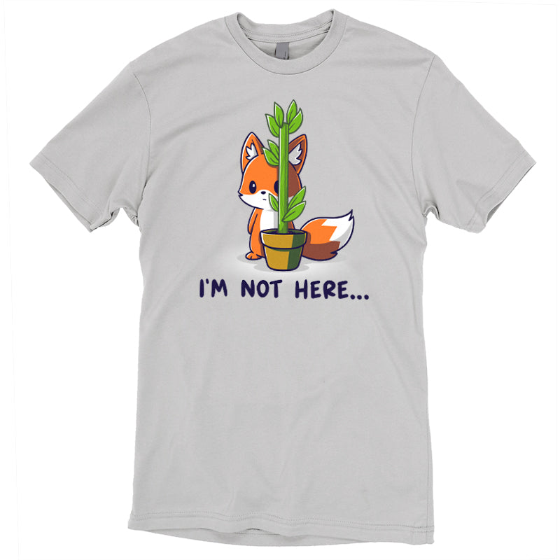 Premium Cotton T-shirt_Teeturtle I'm Not Here... Silver gray t-shirt featuring an anxious fox awkwardly trying to hide behind a thin potted plant with the words 'I'm Not Here...' below.