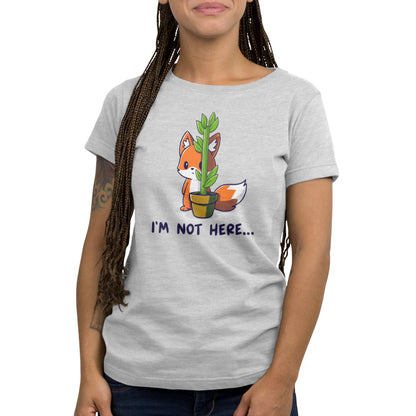 Premium Cotton T-shirt_Teeturtle I'm Not Here... Silver gray t-shirt featuring an anxious fox awkwardly trying to hide behind a thin potted plant with the words 'I'm Not Here...' below.