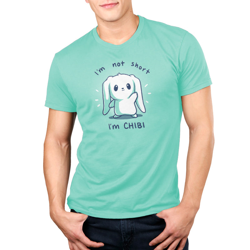 A man wearing a "I'm Not Short, I'm Chibi!" t-shirt from TeeTurtle.