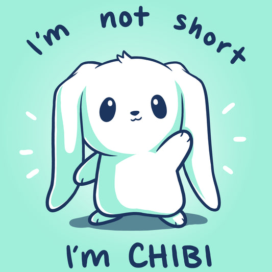 A chill blue I'm Not Short, I'm Chibi! T-shirt featuring a cartoon bunny saying 