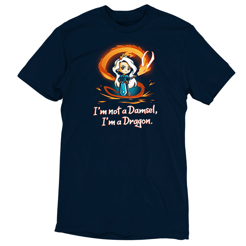 A Navy Blue "I'm Not a Damsel, I'm a Dragon" t-shirt featuring a dragon design by TeeTurtle.