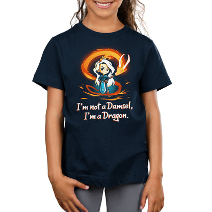A girl wearing an "I'm Not a Damsel, I'm a Dragon" TeeTurtle T-Shirt.