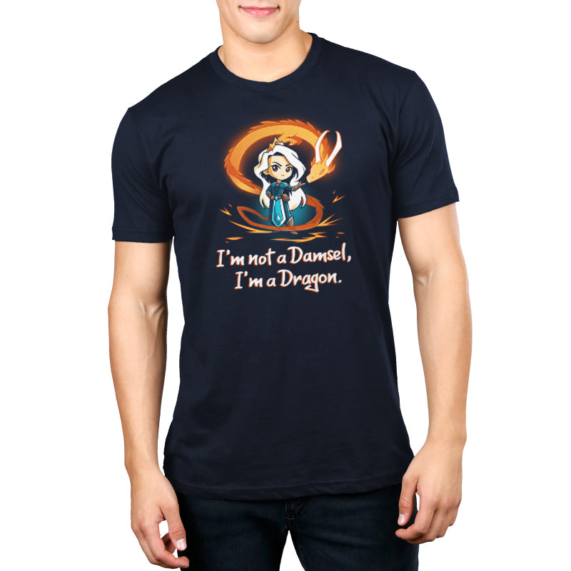 A man wearing a navy blue "I'm Not a Damsel, I'm a Dragon" t-shirt from TeeTurtle.